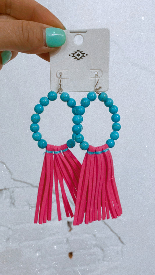 Turquoise Beads & Hot Pink Tassels Earrings