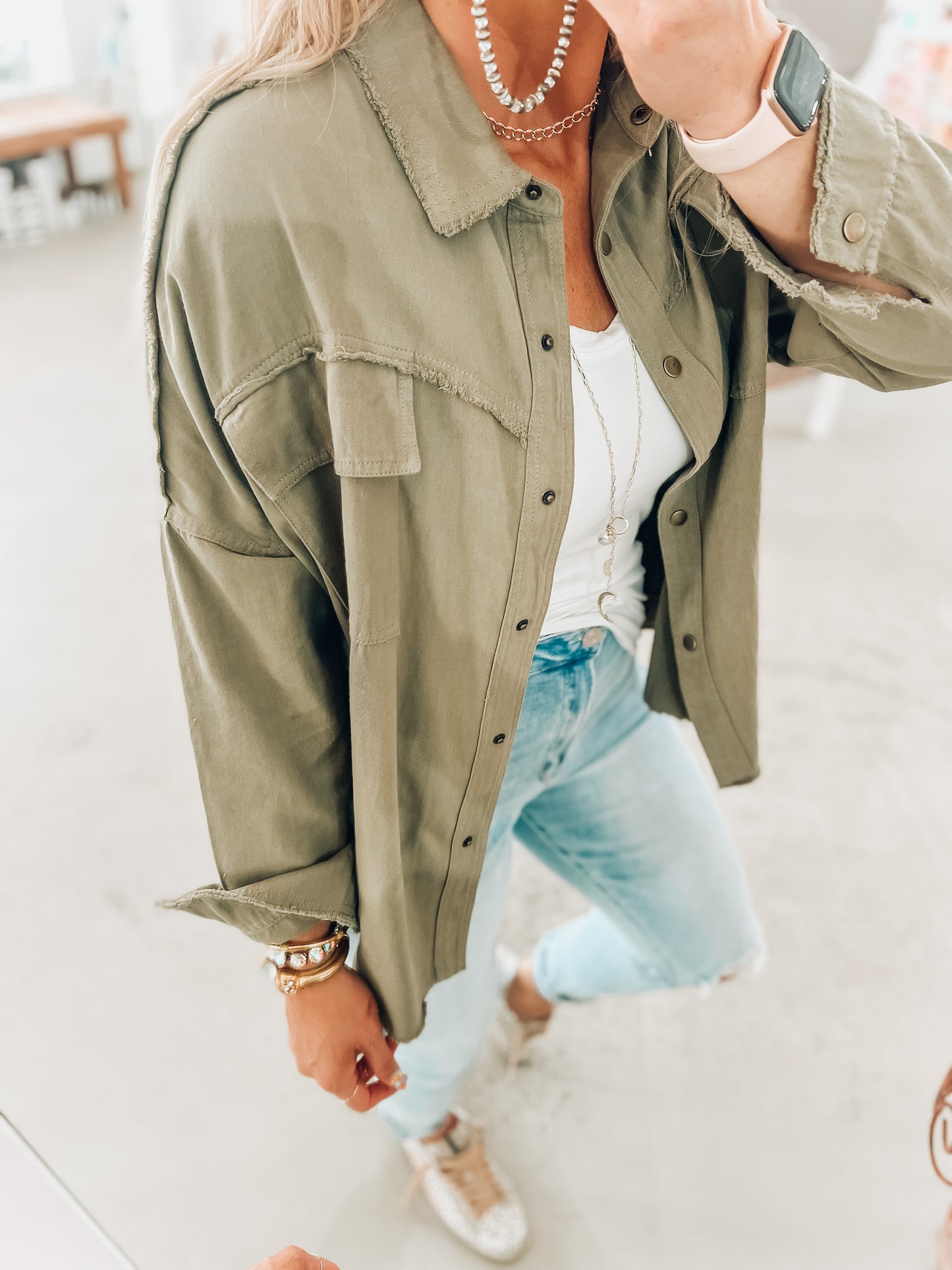 Rock & Roll Olive Snap Shacket