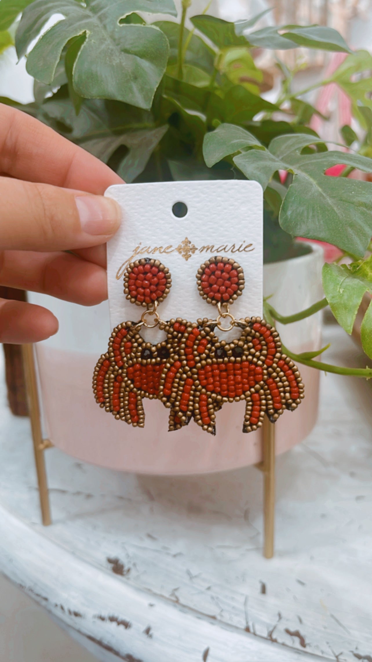 Red & Gold Seed Beaded Crab Earrings