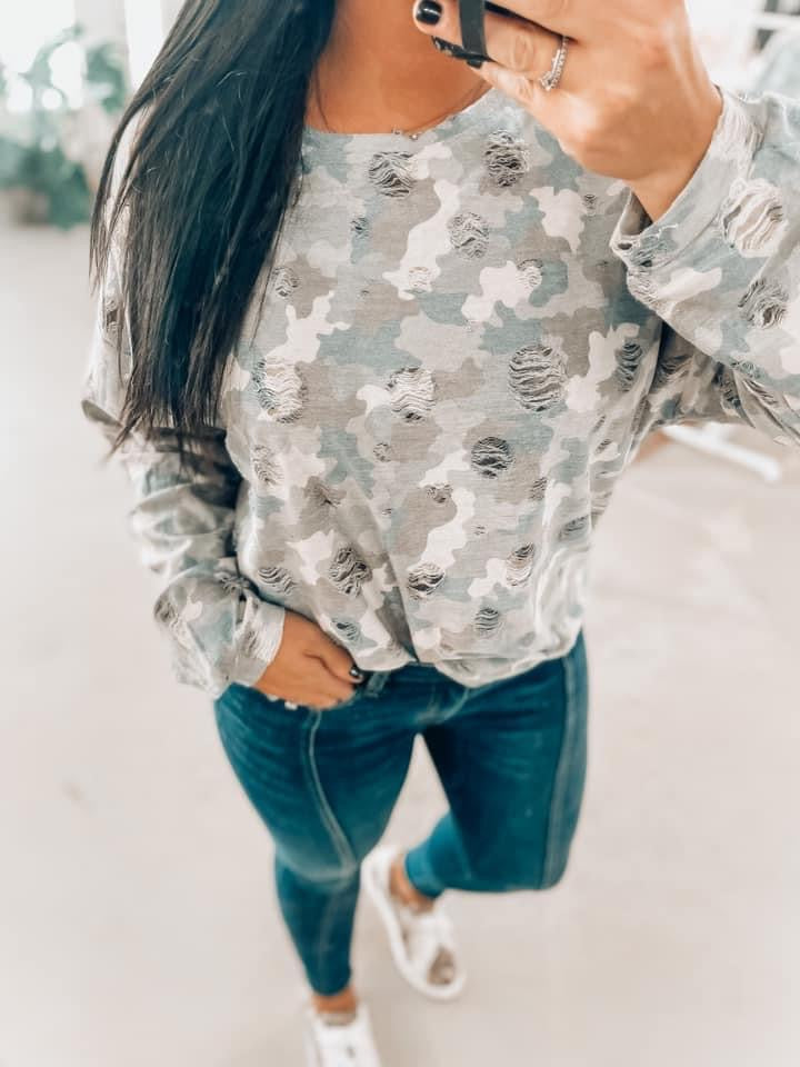 Darla Distressed Camo Sweater