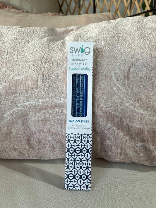 Indigo Isle & Blue Reusable Straw Set (Tall)