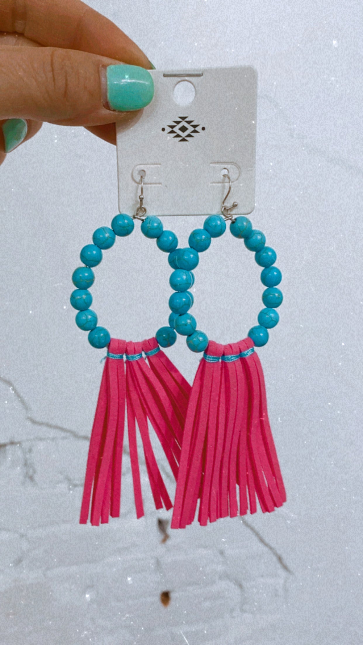 Turquoise Beads & Hot Pink Tassels Earrings