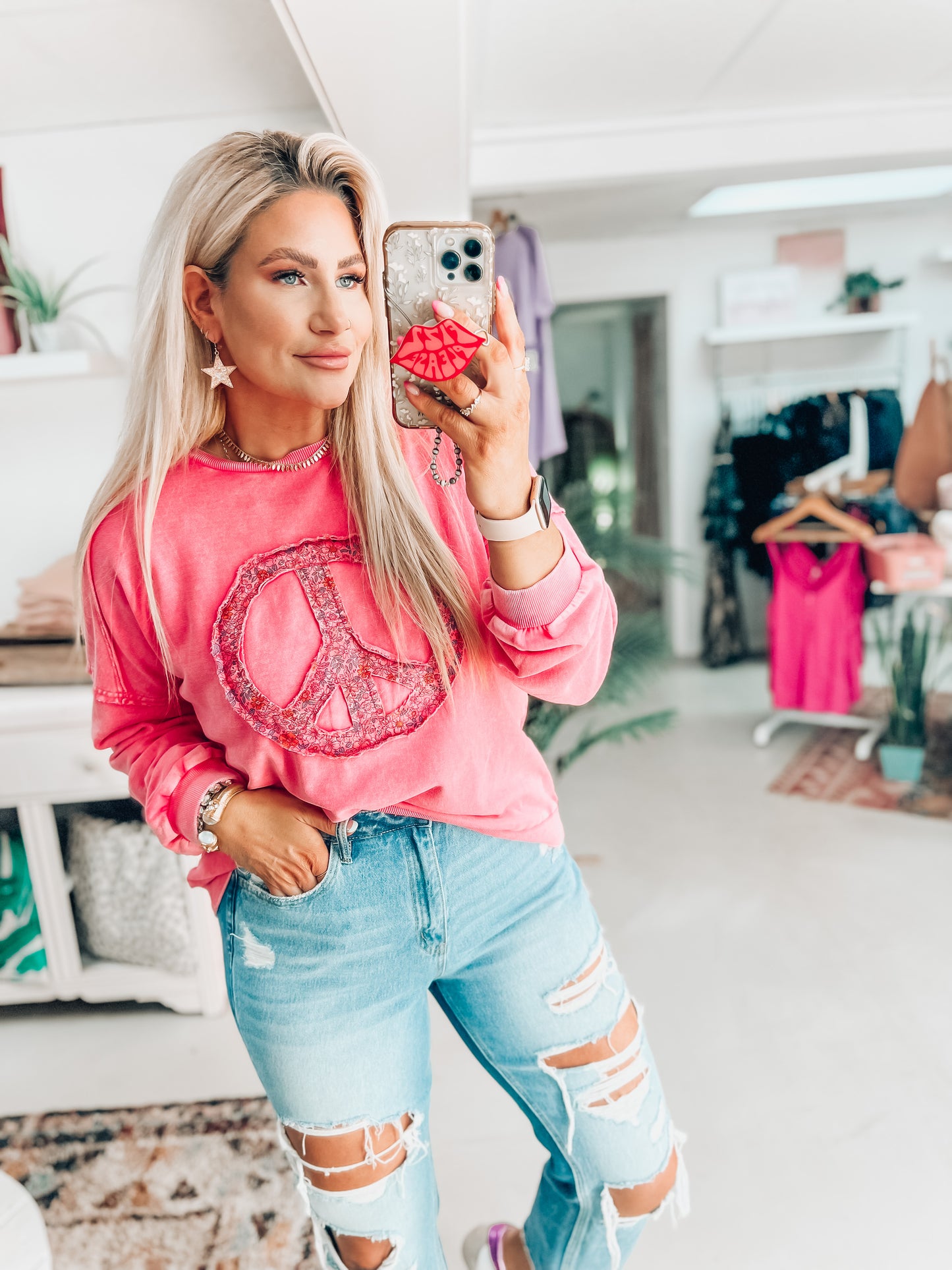 Pink Peace Sign Long Sleeve Pullover