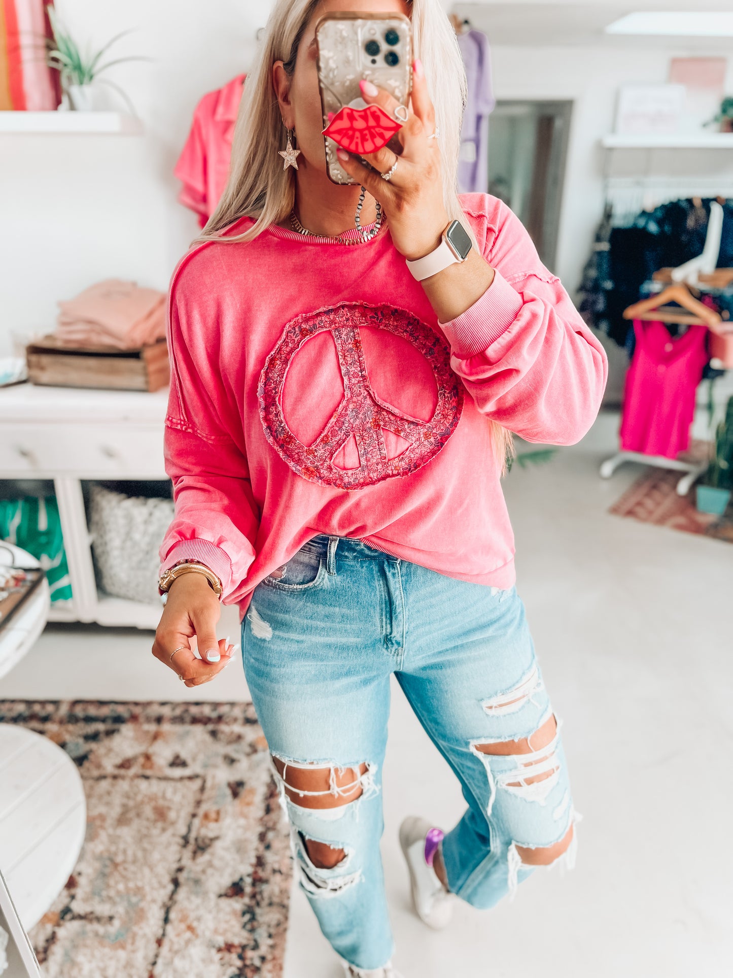 Pink Peace Sign Long Sleeve Pullover