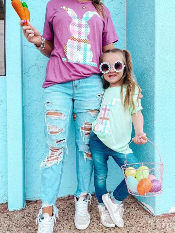 Kids Plaid Bunny Tee- Mint