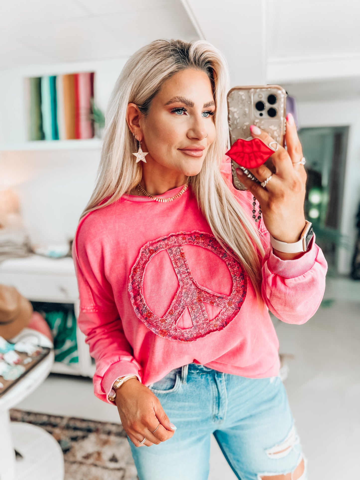 Pink Peace Sign Long Sleeve Pullover