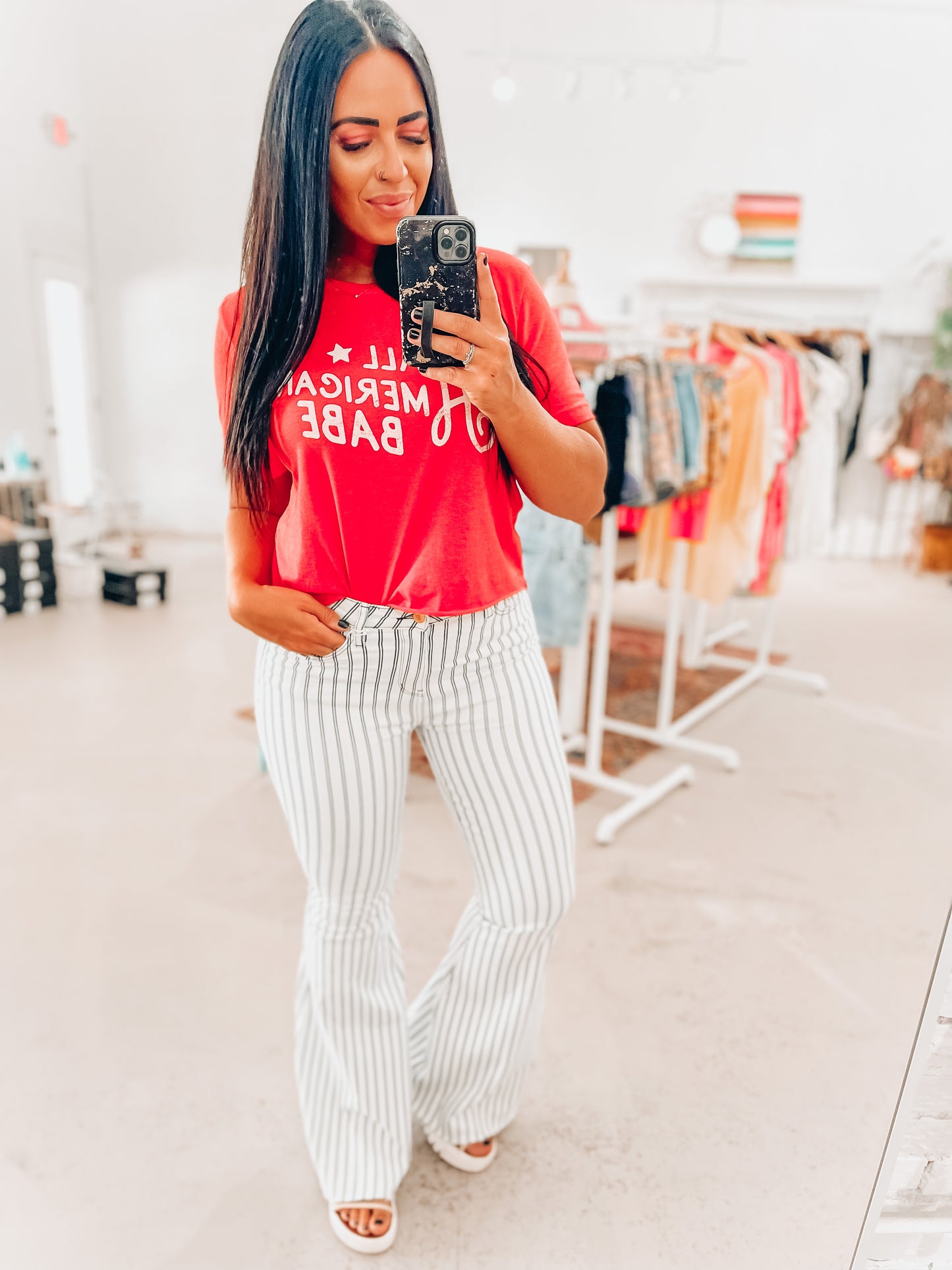 White Pin Stripe Judy Blue Flares