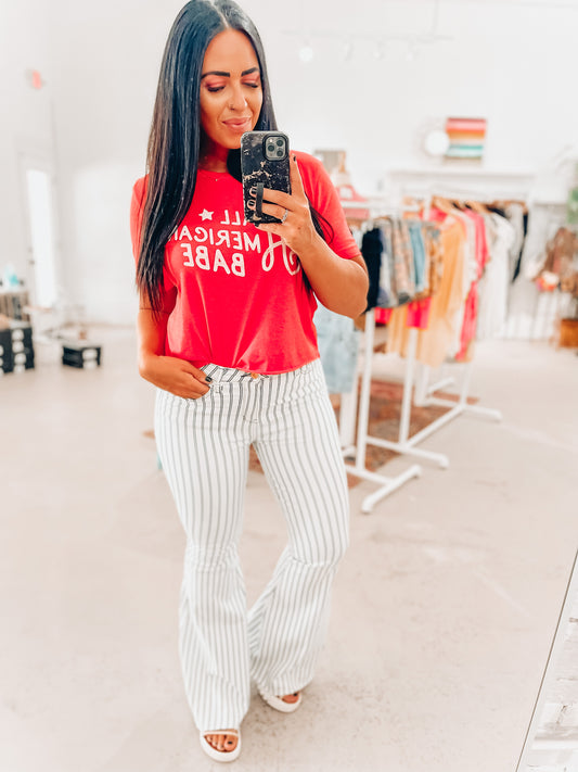 White Pin Stripe Judy Blue Flares