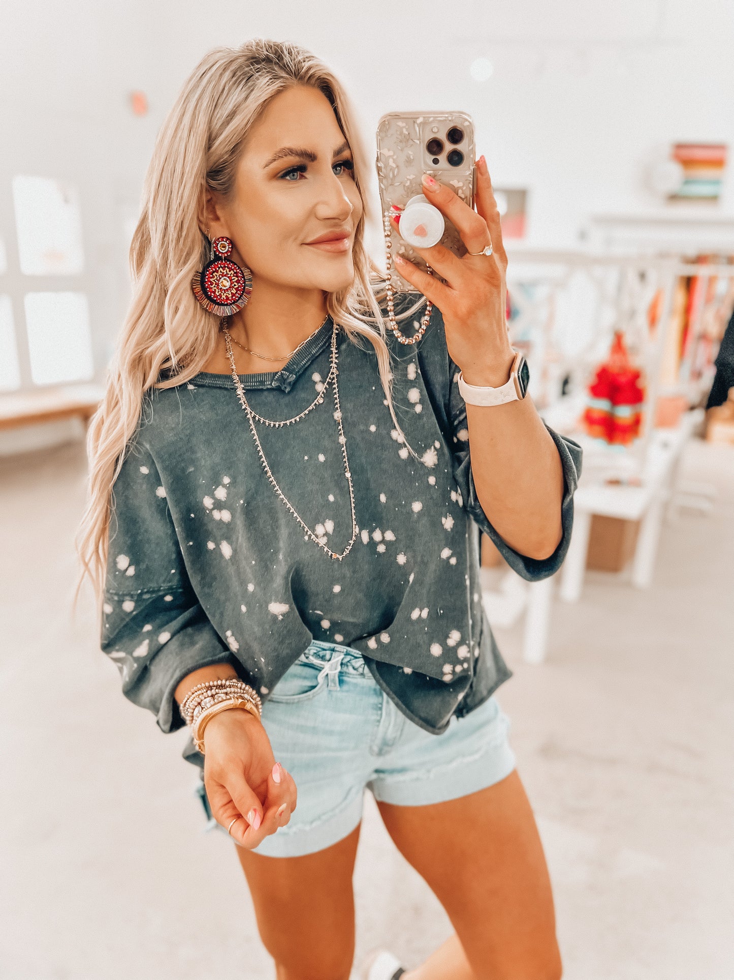 Lanie Bleach Splatter Top- Ash