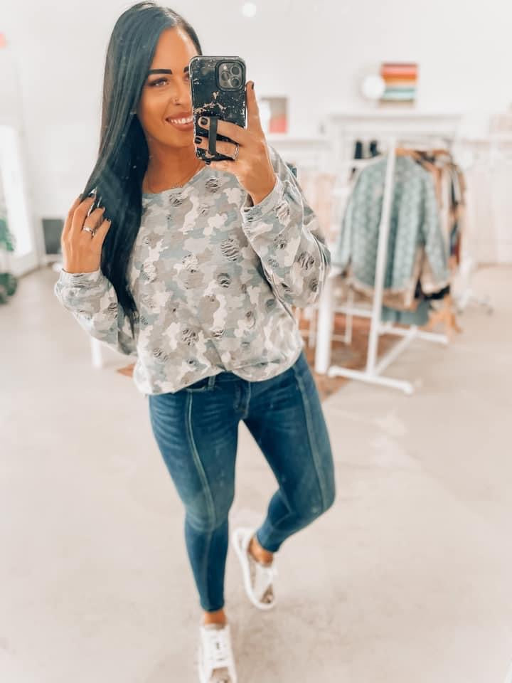 Darla Distressed Camo Sweater