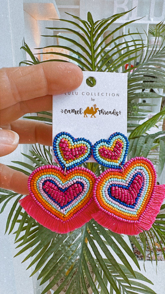 Pink Fringe Beaded Hearts Earrings