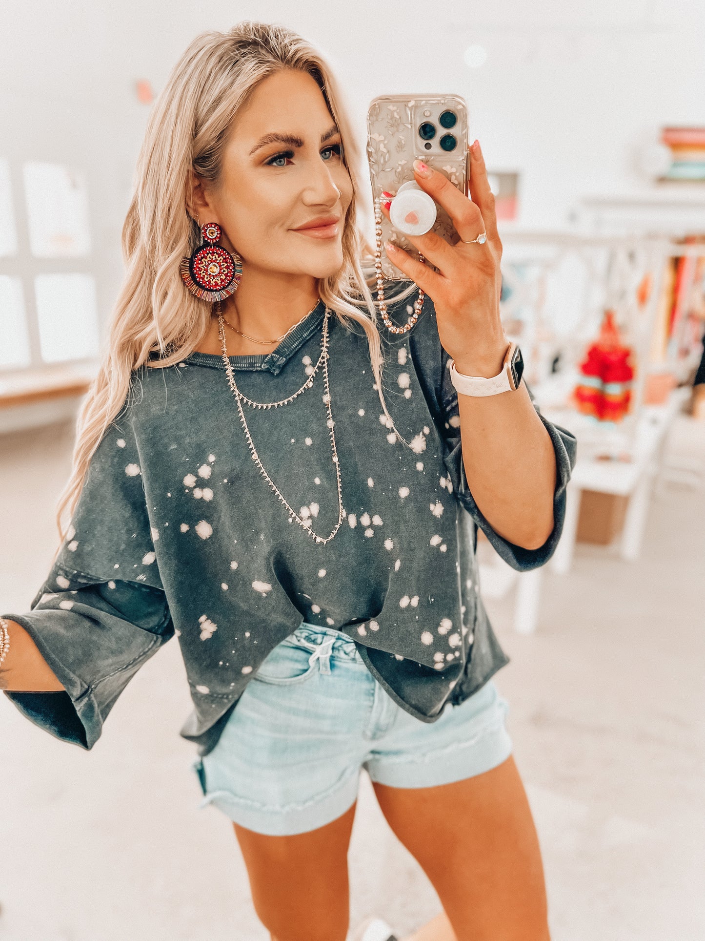 Lanie Bleach Splatter Top- Ash