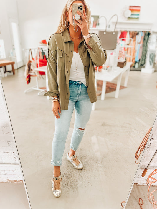 Rock & Roll Olive Snap Shacket