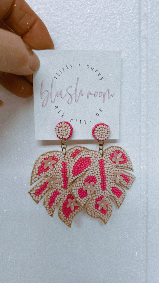 Pink Beaded Leaf Earrings