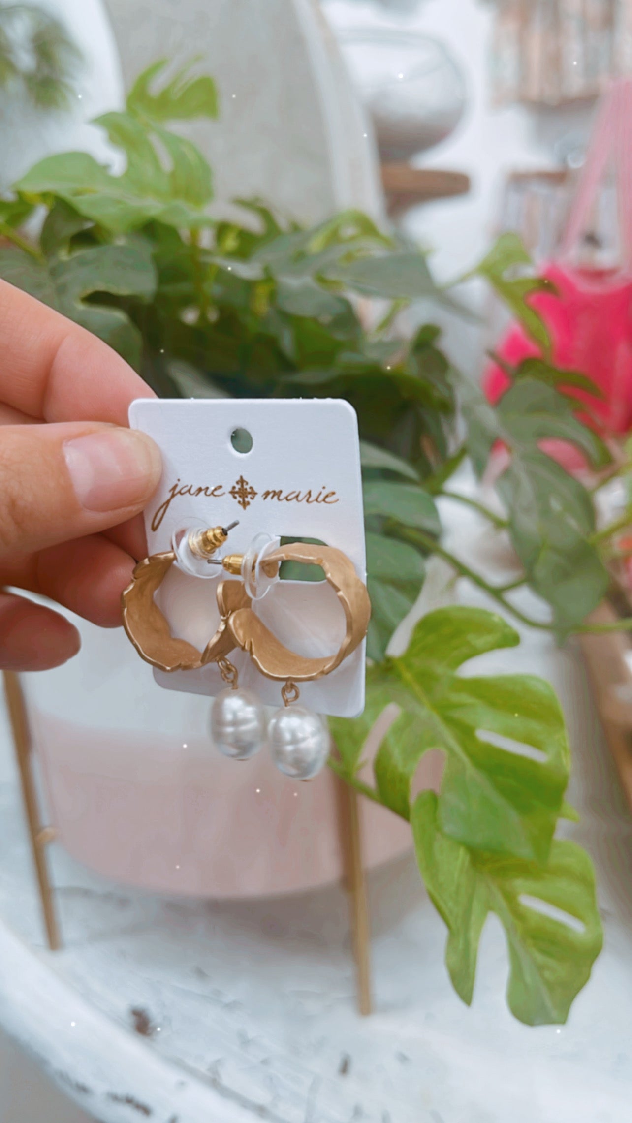 Gold Textured Curved Hoop Pearl Drop Earrings