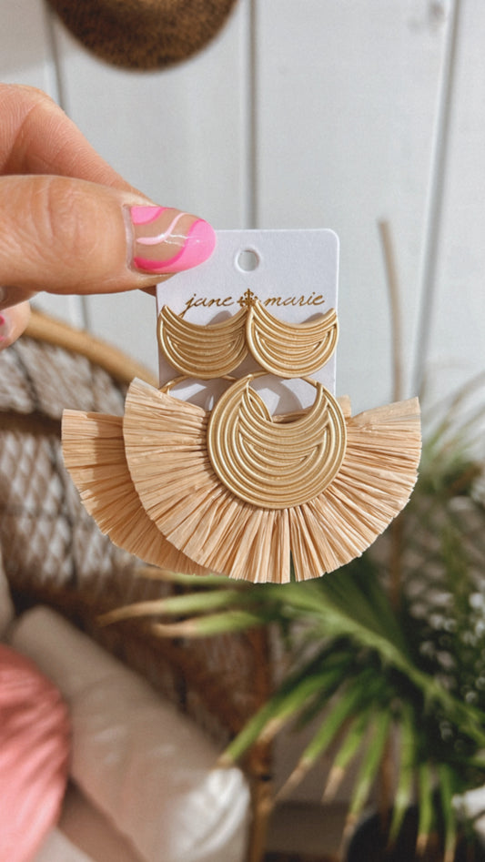 Gold Crescent & Tan Raffia Fan Earrings