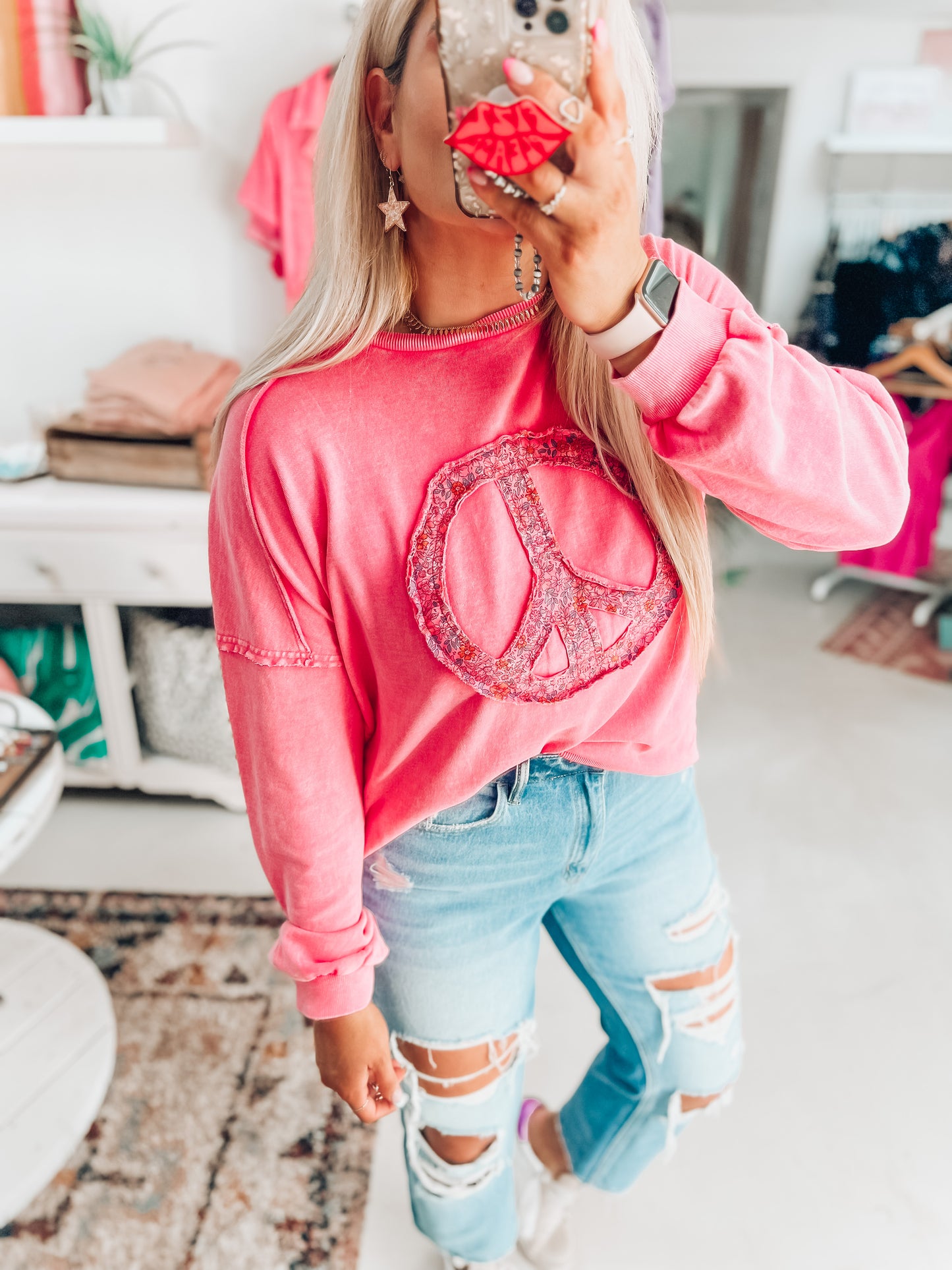 Pink Peace Sign Long Sleeve Pullover
