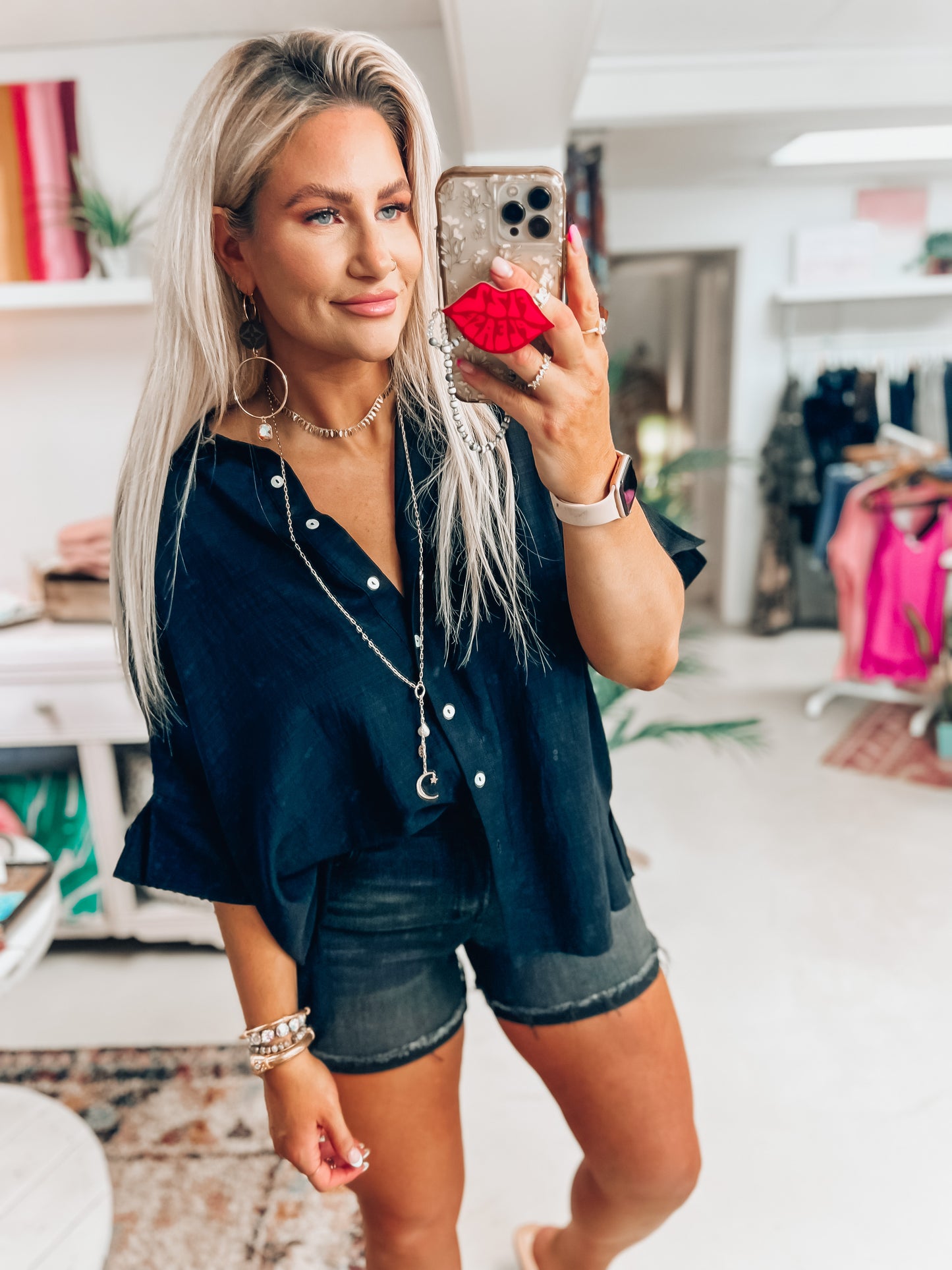 Amie Black Button Top