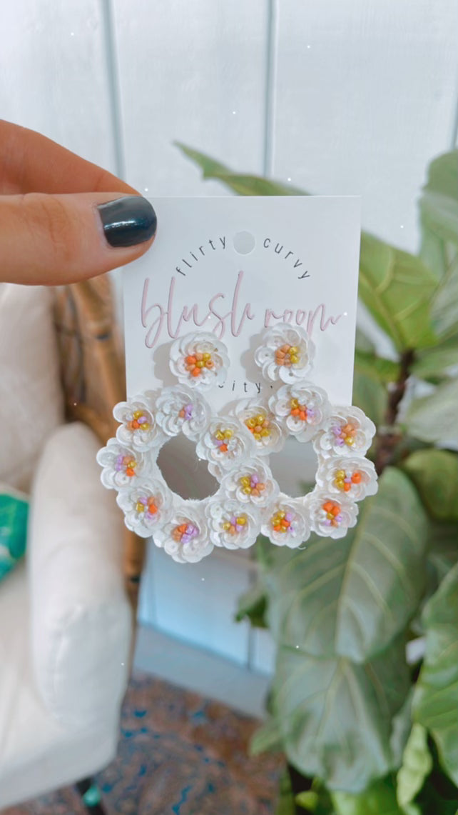 White Flower Circle Earrings