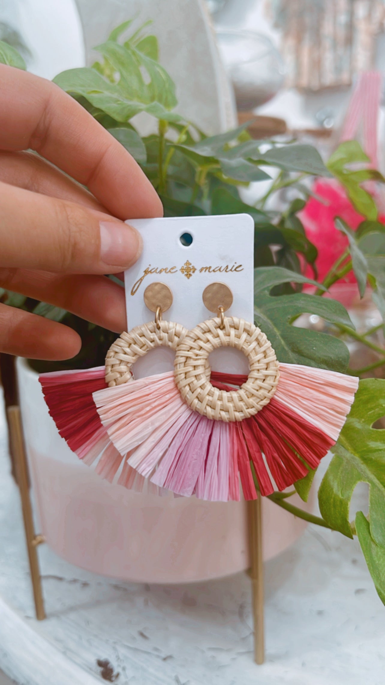 Pink Raffia  Fan Earrings