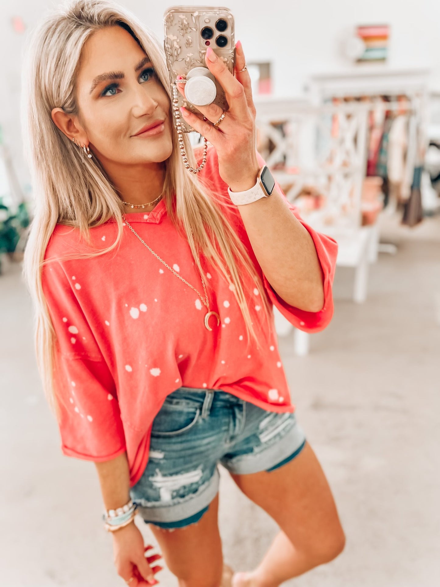 Lanie Bleach Splatter Top- Coral