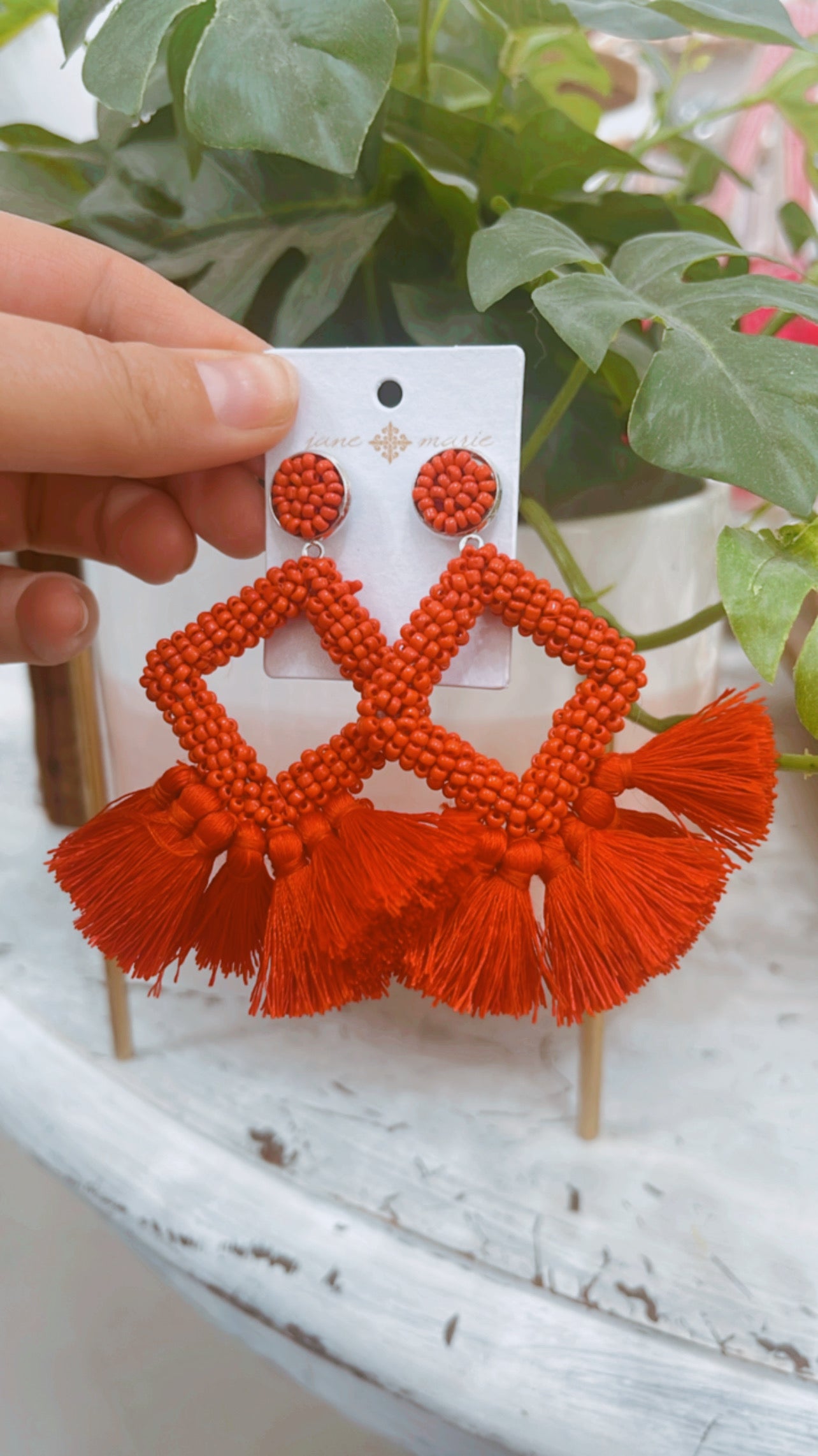 Red Seed Beaded with Open Square with Red Tassels Earrings