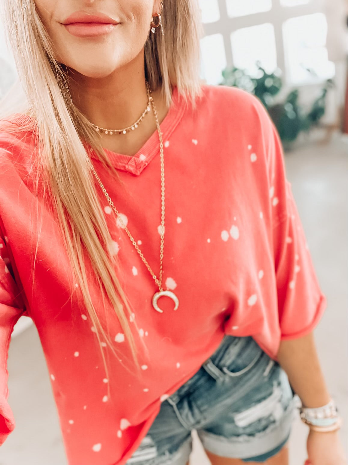 Lanie Bleach Splatter Top- Coral