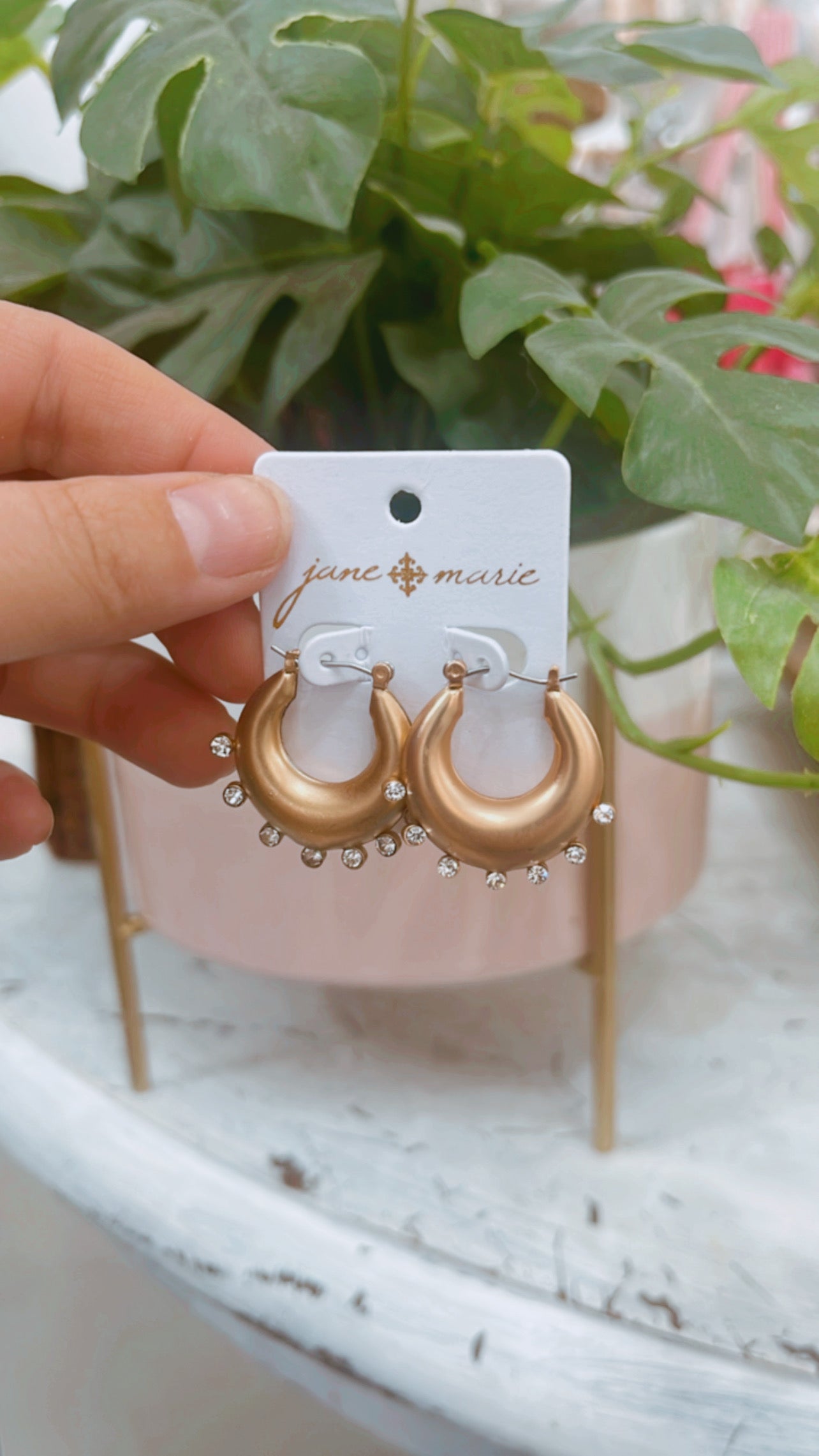Gold Crescent Crystal Studded Accents Earrings