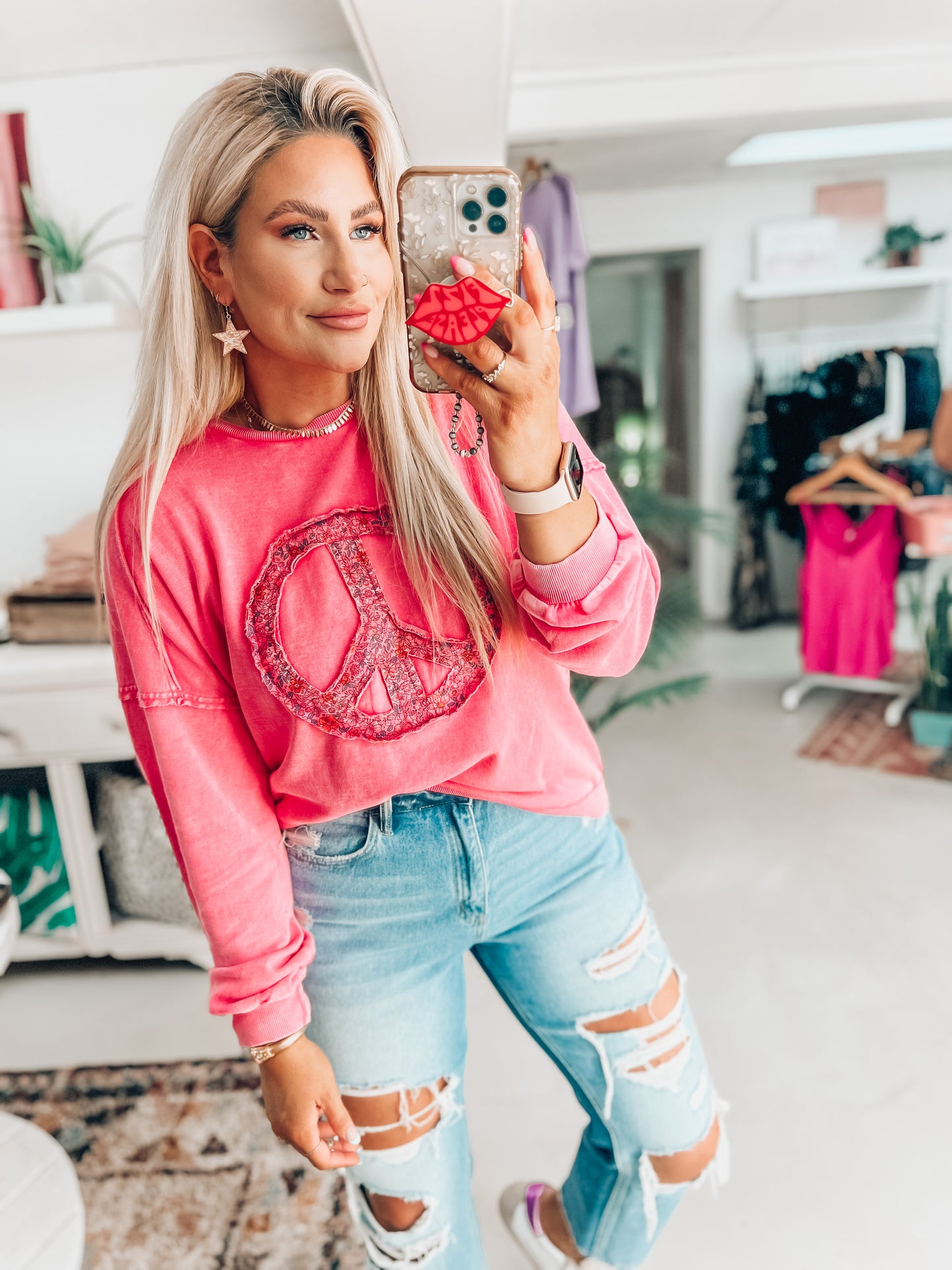 Pink Peace Sign Long Sleeve Pullover