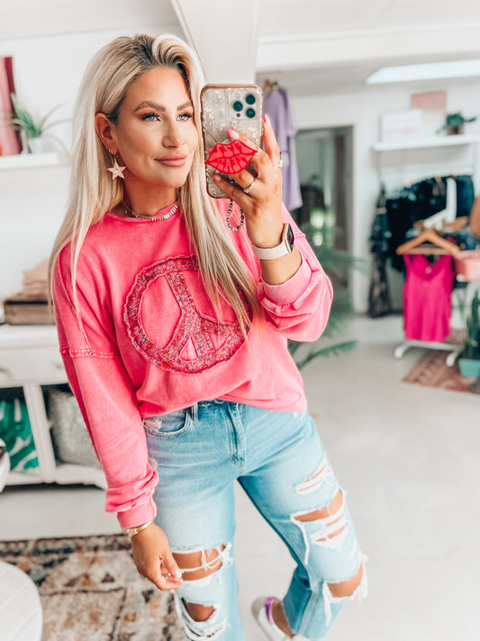 Pink Peace Sign Long Sleeve Pullover